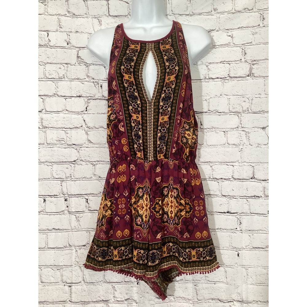 Me To We Womens Boho Medallion Print Halter Romper Burgundy Gold Pom Pom Trim M